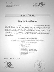 Zertifikat 2014 D.O.Q.- Test PRO Hundetrainer Paragraph 11 Absatz 1 Nr. 8 Buchstabe f TierSchG